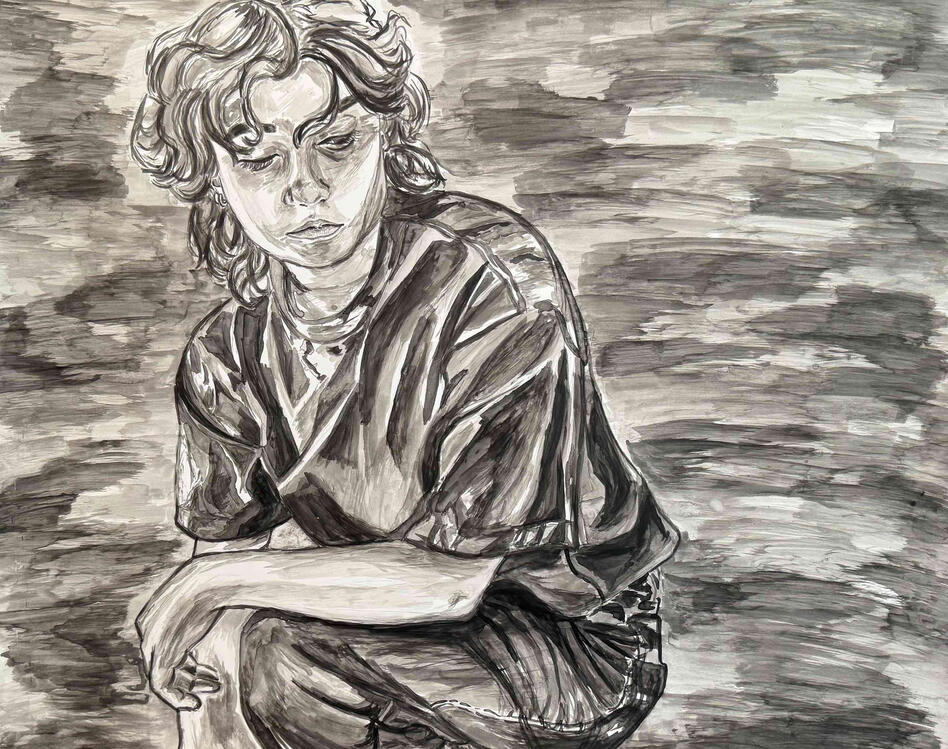 Self Portrait Kneeling, ink