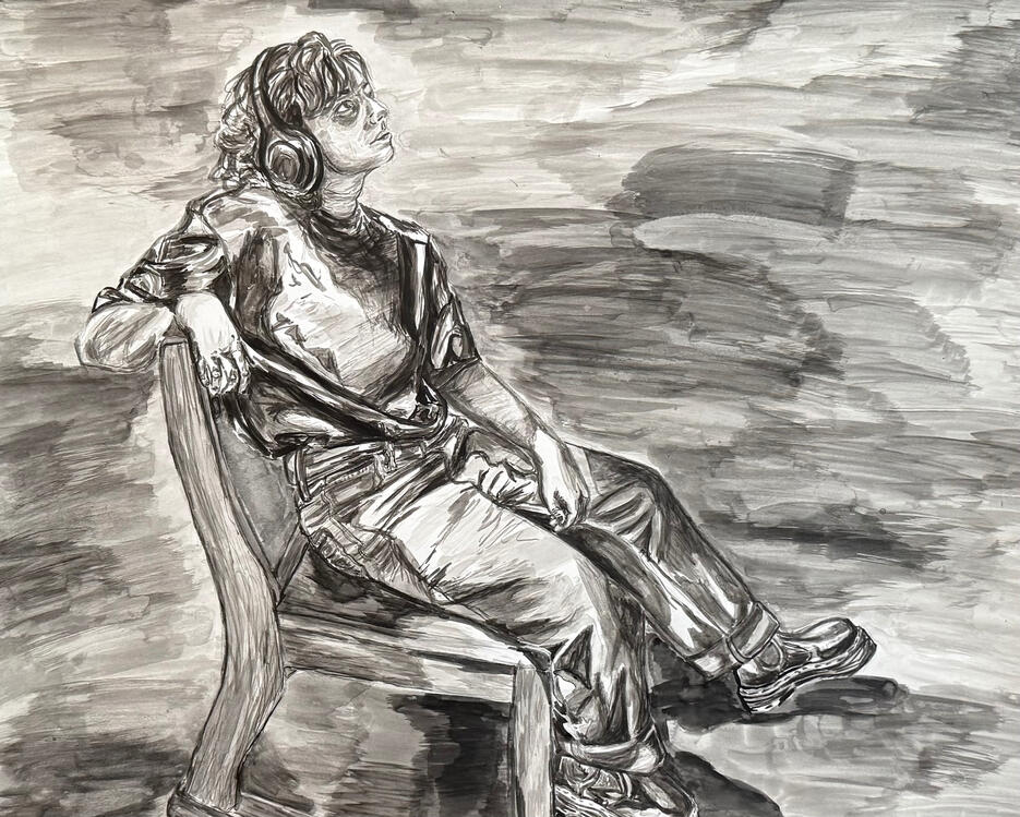 Self Portrait in a Chair, ink